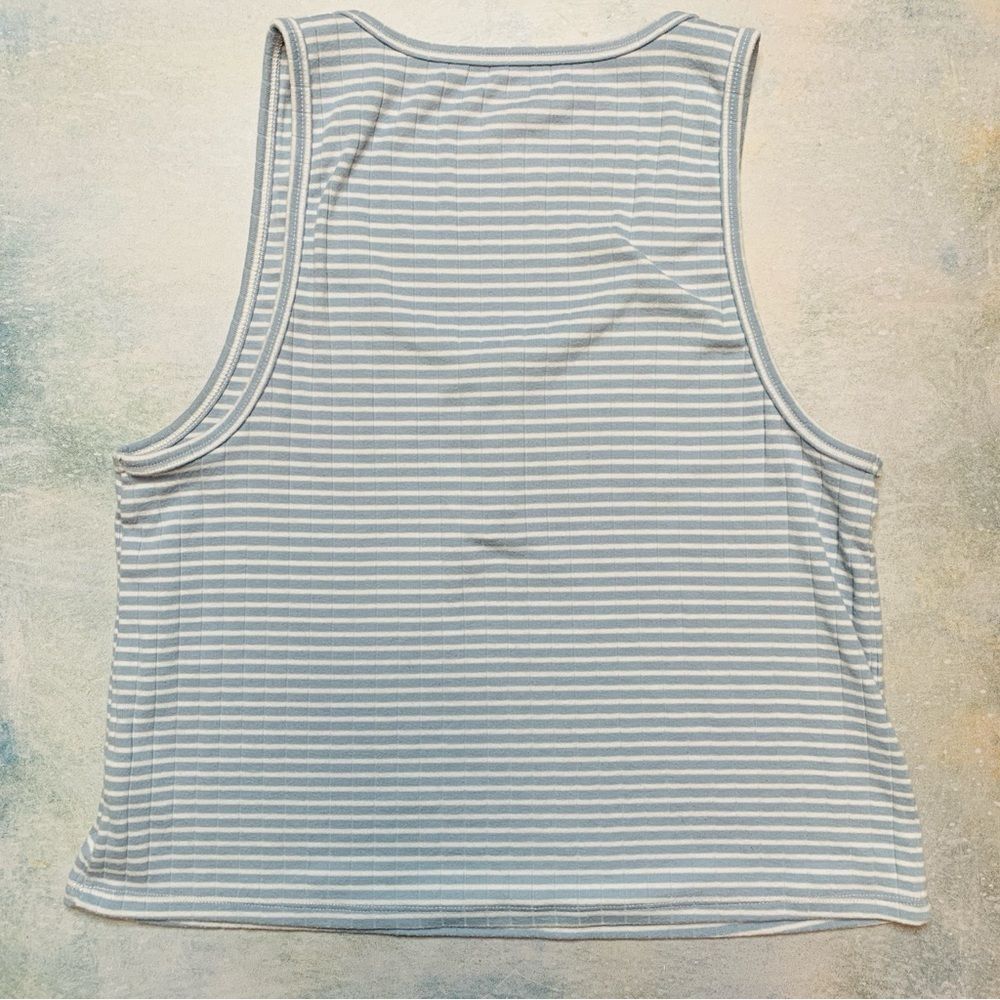 Aerie Blue & White Striped Ribbed Cropped Henley Tank Top | Medium - Picture 5 of 7